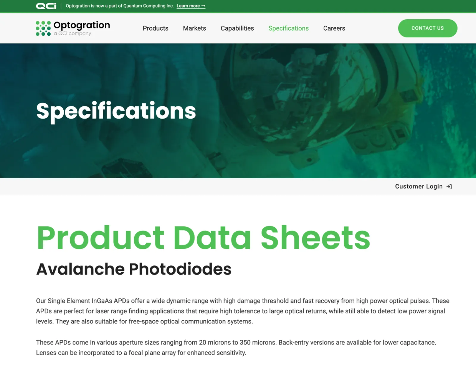 Optogration website specifications page showing the Product Data Sheets section for avalanche photodiodes