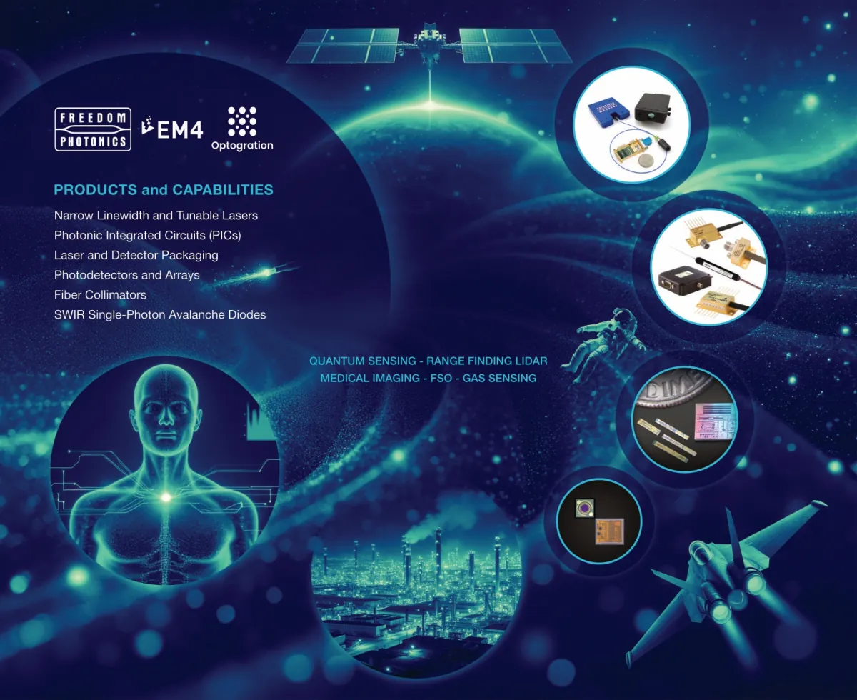 Large-format backlit trade show display panel for photonics brands, combining product photography, CGI environments, and application imagery