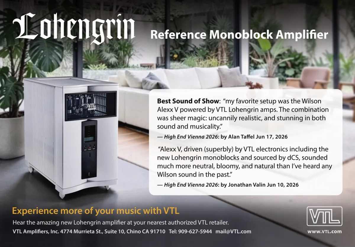 Print advertisement for the VTL Lohengrin Reference Monoblock Amplifier, featuring product photography and Best of Show review quotes